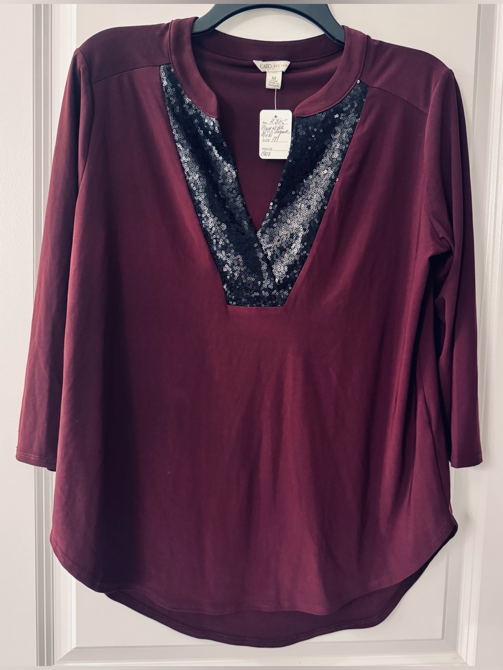 #z305 Cato Deep Plum 3/4 Sleeve Surplice Neckline Black Sequin Accents Knit Top